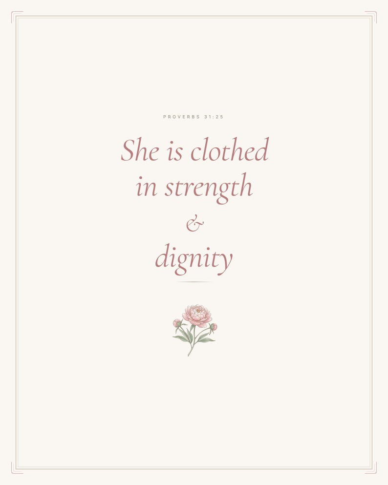 She Is Clothed in Strength and Dignity Proverbs 31 25 Wall Art Coquette Christia — hero framed product shot with glass reflection and premium frame. This coquette bow, botanical, pink blush christian scripture wall art print features beautiful serif typography on warm cream background. Proverbs 31 25 bible verse digital download printable for home office bedroom living room gallery wall decor. ...