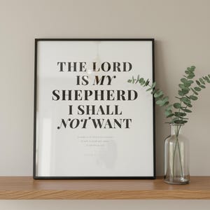 Christian Wall Art Set of 9 Bible Verse Prints Modern Scripture Gallery Decor Printable Download — shelf mockup with the print leaning against a wall alongside decorative items like plants and candles This minimalist modern, gallery wall set christian wall art features beautiful typography as a printable bible verse decor piece. Digital download from TheFramedVerse on Etsy, perfect as christian...