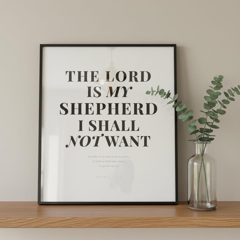 Christian Wall Art Set of 9 Bible Verse Prints Modern Scripture Gallery Decor Printable Download — shelf mockup with the print leaning against a wall alongside decorative items like plants and candles This minimalist modern, gallery wall set christian wall art features beautiful typography as a printable bible verse decor piece. Digital download from TheFramedVerse on Etsy, perfect as christian...