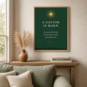 A Savior Is Born Scripture Print | Luke 2:11 Christmas Wall Art | Dark Green Minimalist Nativity Printable image 1