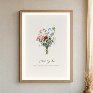 Close framed hero view of a custom watercolor birth flower bouquet made for a family. Each stem represents one person's birth month flower, with the family names arranged neatly below and Mom's Garden as the personalized title. The detailed floral print is shown behind clean glass in a natural wood frame, highlighting its soft color and delicate watercolor texture.