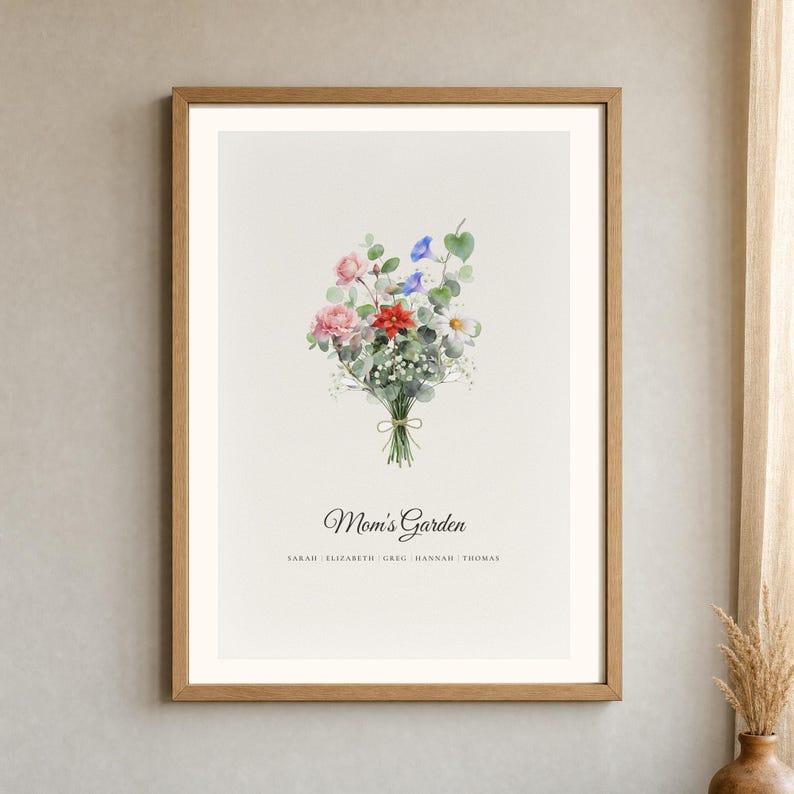 Close framed hero view of a custom watercolor birth flower bouquet made for a family. Each stem represents one person's birth month flower, with the family names arranged neatly below and Mom's Garden as the personalized title. The detailed floral print is shown behind clean glass in a natural wood frame, highlighting its soft color and delicate watercolor texture.