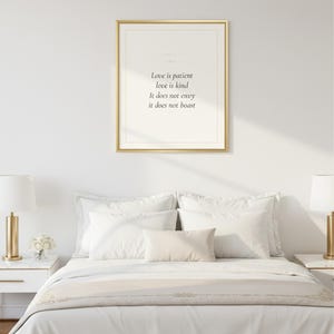 Love Is Patient Love Is Kind 1 Corinthians 13:4 Wall Art Christian Wedding, in romantic wedding typography with elegant calligraphy, delicate gold ornamental accents on warm blush background, presented showing all included print sizes from 5x7 to 16x20 plus A4 and A3, each available in crisp JPG and PDF format at professional 300 DPI resolution for beautiful printing at home or at any local