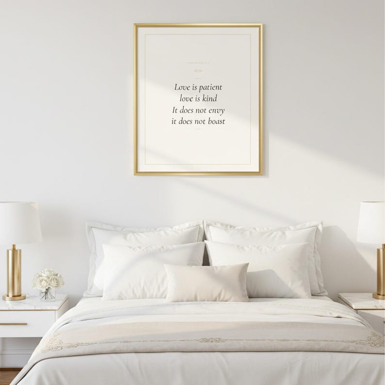 Love Is Patient Love Is Kind 1 Corinthians 13:4 Wall Art Christian Wedding, in romantic wedding typography with elegant calligraphy, delicate gold ornamental accents on warm blush background, presented showing all included print sizes from 5x7 to 16x20 plus A4 and A3, each available in crisp JPG and PDF format at professional 300 DPI resolution for beautiful printing at home or at any local