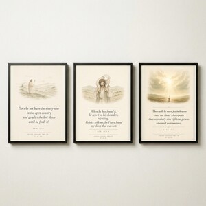 Jesus Leaves the 99 scripture print set in thin black metal frames, three vertical prints arranged in a row on a bright white textured wall, clean frontal view with soft even lighting and a minimal thin shadow below each frame, modern minimalist christian wall art digital download, parable of the lost sheep Luke 15 from TheFramedVerse Etsy