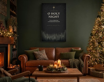 O Holy Night Canvas | Black and Gold Christmas Typography | Dark Vintage Christmas Wall Art | Stretched Canvas Ready to Hang