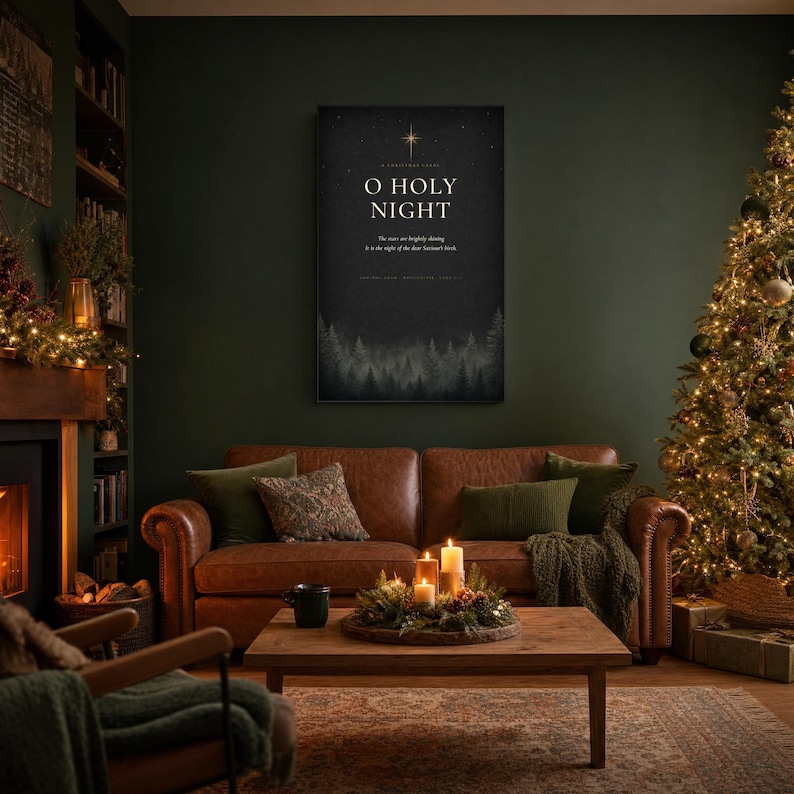 Styled room preview: Dark O Holy Night typography canvas featuring elegant cream serif lettering on textured charcoal paper. Scattered golden stars glow around the words while shadowy evergreen trees form a deep forest border below. This moody black, cream, and gold Christmas wall art gives the beloved carol a dramatic vintage atmosphere for an Advent display, music room, or seasonal gallery wall.