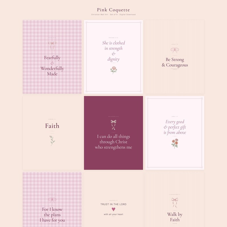 Pink Coquette Christian Wall Art Set of 9 Bible Verse Scripture Print Blush Flor — hero framed product shot with glass reflection and premium frame. This coquette bow, botanical, pink blush christian scripture wall art print features beautiful serif typography on warm cream background. digital download printable for home office bedroom living room gallery wall decor. Perfect christian gift idea...