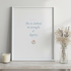 Blue Coquette Christian Wall Art Set of 9 Bible Verse Scripture Print Navy Flora — front facing framed mockup on clean white wall with shadow. This coquette bow, botanical, navy blue christian scripture wall art print features beautiful serif typography on warm cream background. digital download printable for home office bedroom living room gallery wall decor. Perfect christian gift idea from T...