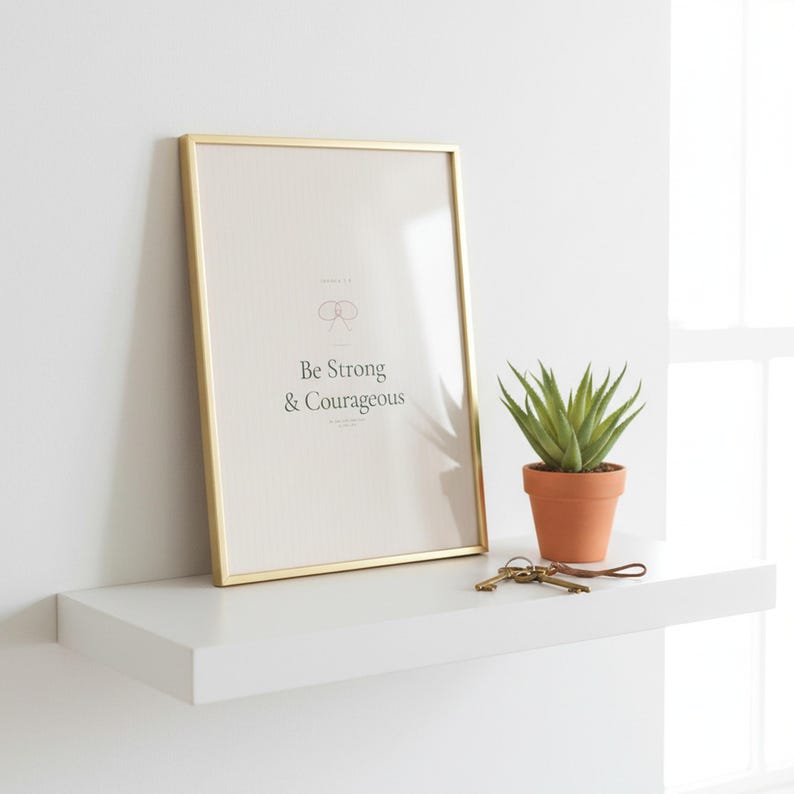 Be Strong and Courageous Joshua 1:9 sage coquette scripture wall art print lifestyle scene in bright modern bedroom, coquette room decor aesthetic christian, bible verse artful sage green print, godly wall art trendy christian art digital download from TheFramedVerse for dorm room decor
