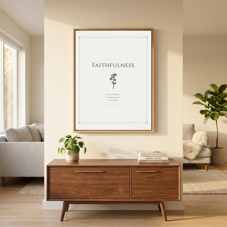 Galatians 5 scripture wall art print — room setting mockup displaying the framed print in a cozy living space with complementary furniture and decor This vintage rustic, gallery wall set christian wall art features beautiful typography as a printable bible verse decor piece. Digital download from TheFramedVerse on Etsy, perfect as christian gift idea or home decoration.