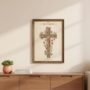 William Morris He is Risen Cross Print – Floral Easter Christian Decor, — "He is not here; He has risen, just as He said", in vintage William Morris Arts and Crafts botanical style with ornate floral border on aged cream parchment, detailed view of the hand-drawn botanical illustration in authentic William Morris Arts and Crafts style, showcasing the intricate floral linework and rich natural