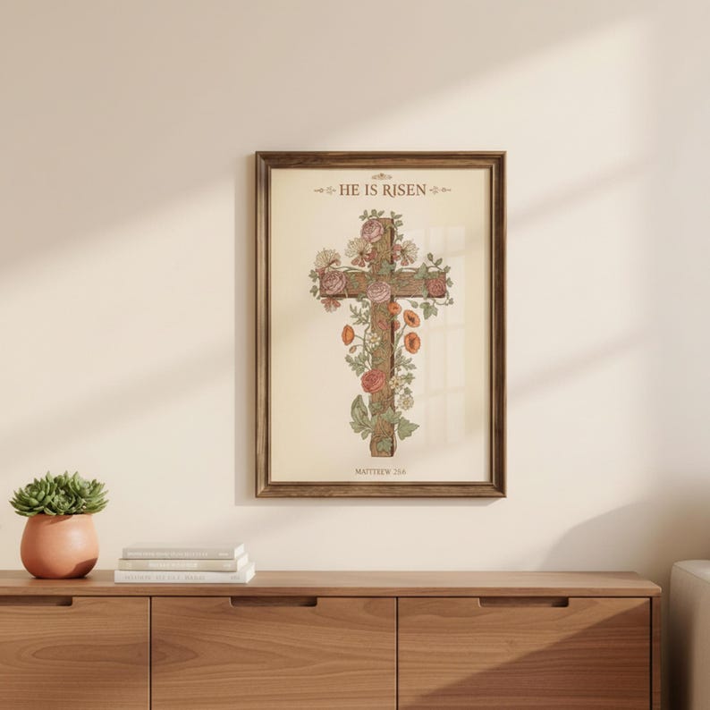 William Morris He is Risen Cross Print – Floral Easter Christian Decor, — "He is not here; He has risen, just as He said", in vintage William Morris Arts and Crafts botanical style with ornate floral border on aged cream parchment, detailed view of the hand-drawn botanical illustration in authentic William Morris Arts and Crafts style, showcasing the intricate floral linework and rich natural