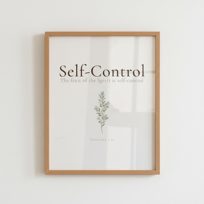 Fruit of the Spirit Self-Control Bible Verse Wall Art framed on clean wall, Galatians 5:22 olive branch botanical aesthetic christian floral scripture printable set of 9 christian gallery wall