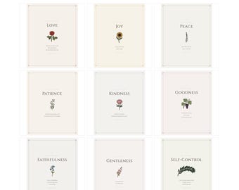 Fruit of the Spirit Vintage Wall Art Set of 9 Farmhouse Scripture Prints Galatians 5 22 Kitchen Decor
