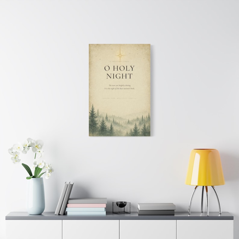 Elegant O Holy Night typography with refined serif lettering on softly aged cream vintage paper. A golden Star of Bethlehem shines above the words while a misty evergreen forest fades along the lower edge. Inspired by the Christmas carol composed by Adolphe Adam in 1847 and Luke 2:11, this warm neutral artwork is printed on stretched canvas. This product view presents the complete design.
