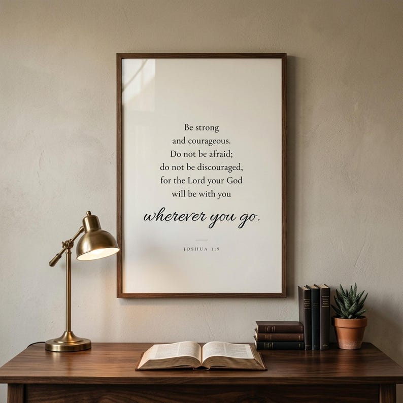Joshua 1:9 'Be Strong and Courageous' Christian scripture print in walnut frame above a dark wood writing desk with leather chair in a masculine home study. Perfect Christian wall art for home office or entryway, Father's Day gift for dads and granddads, confirmation keepsake, instant digital download.