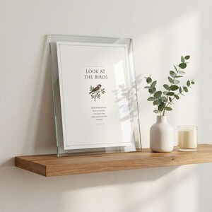 Look at the Birds Matthew 6 26 Scripture Print in glass frame on oak shelf with eucalyptus and candle, christian aesthetic decor, sermon on the mount bible verse wall art digital download