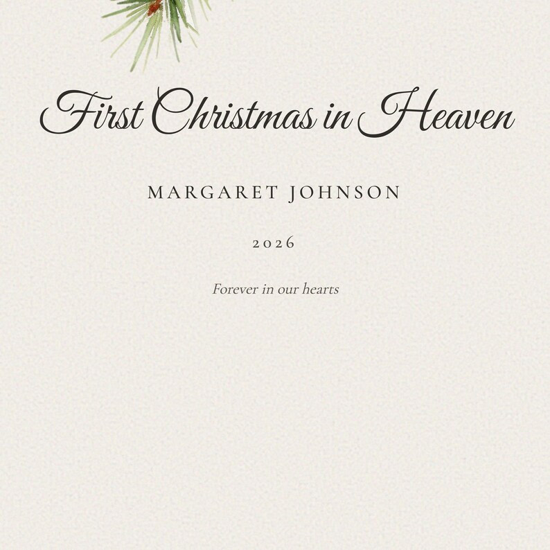 Detailed close up of the personalized name and year beneath the snowy cardinal illustration. Crisp lettering shows Margaret Johnson and 2026 below First Christmas in Heaven, while individual pine needles, soft snow and painted red feather details remain visible nearby. Fine paper grain and careful typography highlight the custom finish of this Christmas remembrance gift.
