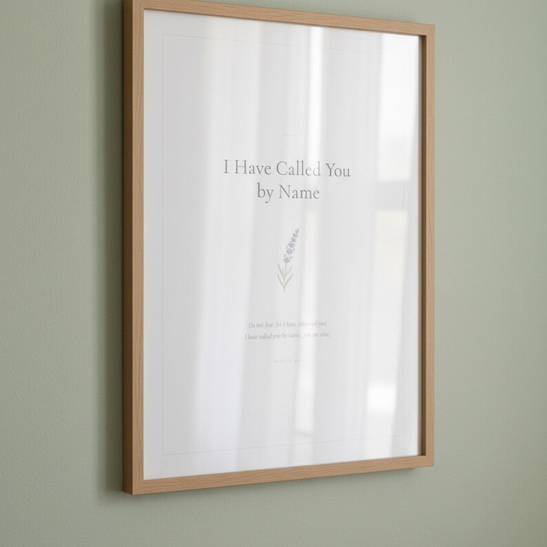 Nursery Bible Verse Wall Art Set of 6 Printable Christian Scripture Prints, in gentle sage green nursery design with soft botanical watercolor illustration and calming earth tones, presented as an elegant flat lay on white marble with a fountain pen and eucalyptus sprig, showing the complete print design in full detail