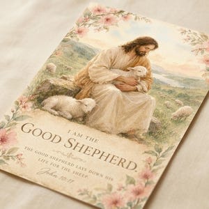 Closeup detail of John 10:11 watercolor print I Am the Good Shepherd, included in the Good Shepherd set of 6 — Jesus holding the lamb with botanical border. Christian nursery scripture art digital download for faith home decor.