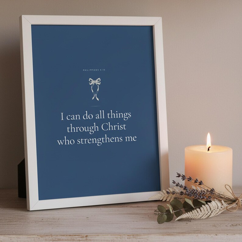 Blue Coquette Christian Wall Art Set of 9 Bible Verse Scripture Print Navy Flora — close-up detail of typography and paper texture. This coquette bow, botanical, navy blue christian scripture wall art print features beautiful serif typography on warm cream background. digital download printable for home office bedroom living room gallery wall decor. Perfect christian gift idea from TheFramedVer...
