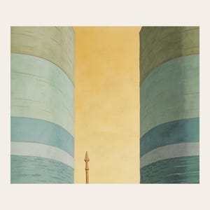 Close detail of The Parting of the Red Sea, showing Moses on the centre axis between two towering walls of water while the people cross the dry seabed at close range. The crop reveals softly modelled faceless forms, muted pigment transitions, fine cracks, and paperlike texture in the modern fresco illustration. This view focuses on the artwork surface rather than frame or room styling.