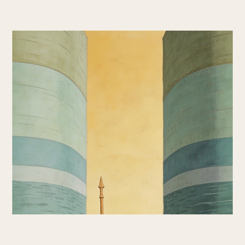 Close detail of The Parting of the Red Sea, showing Moses on the centre axis between two towering walls of water while the people cross the dry seabed at close range. The crop reveals softly modelled faceless forms, muted pigment transitions, fine cracks, and paperlike texture in the modern fresco illustration. This view focuses on the artwork surface rather than frame or room styling.