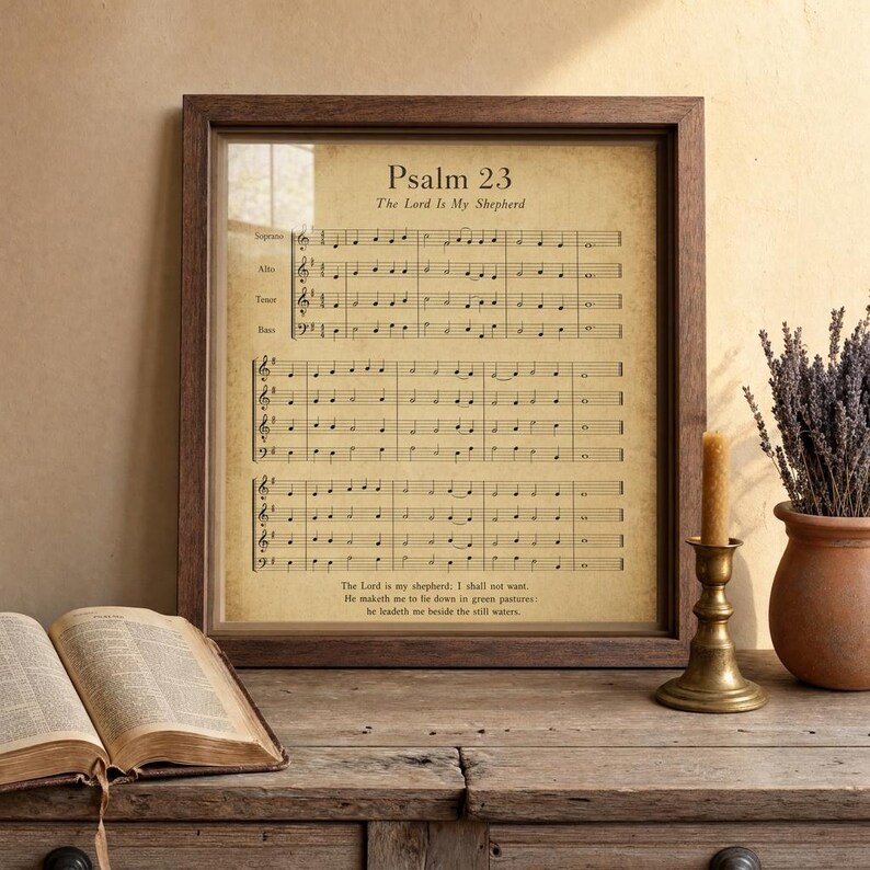 Psalm 23 psalm 23 print framed in rustic walnut wood, leaning on weathered oak console next to open vintage leather Bible, antique brass candlestick, terracotta pot with dried lavender, cottage editorial lord is my shepard Christian faith home decor, warm golden hour light, TheFramedVerse digital download