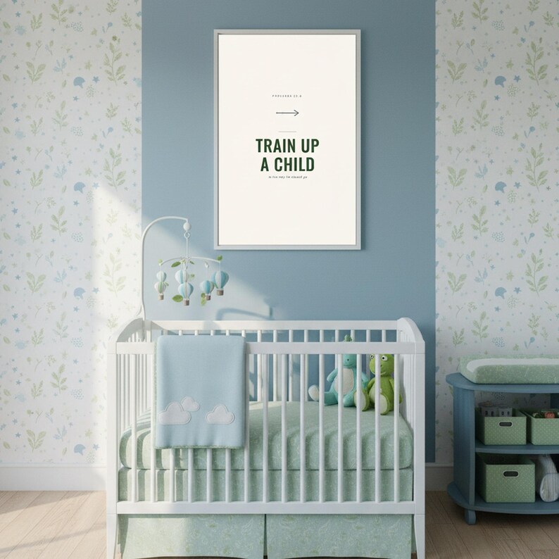 Train Up a Child Proverbs 22:6 Wall Art Christian Boys Room Print Scripture Deco — shelf mockup leaning on wood shelf with decorative items. This elegant christian scripture wall art print features beautiful serif typography on warm cream background. Proverbs 22:6 bible verse digital download printable for home office bedroom living room gallery wall decor. Perfect christian gift idea from TheF...