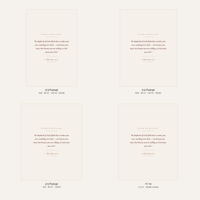 What you get: 4 print sizes of 1 Peter 5:2 Be Shepherds of God's Flock pastoral gift digital download — 2:3 ratio (4x6 to 24x36 inches), 3:4 ratio (6x8 to 18x24 inches), 4:5 ratio (4x5, 8x10, 16x20 inches), 11:14 ratio, plus combined PDF with all sizes for instant printing at home or local print shop, scripture wall art download from TheFramedVerse