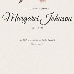 Detailed close up of the personalized name and dates on the Christian cardinal memorial print. Crisp lettering shows Margaret Johnson and 1948 to 2026 beneath In Loving Memory, with part of Psalm 34:18 visible below. Fine paper grain, soft botanical marks and the cardinal's painted feather detail highlight the careful finish of this custom sympathy and remembrance gift.