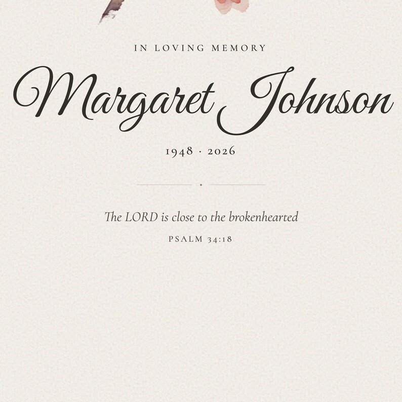 Detailed close up of the personalized name and dates on the Christian cardinal memorial print. Crisp lettering shows Margaret Johnson and 1948 to 2026 beneath In Loving Memory, with part of Psalm 34:18 visible below. Fine paper grain, soft botanical marks and the cardinal's painted feather detail highlight the careful finish of this custom sympathy and remembrance gift.