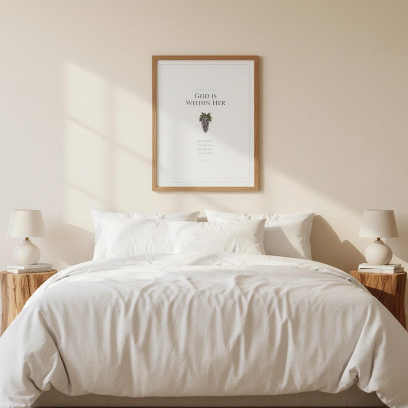 Mothers Day Scripture Wall Art Set of 3 Proverbs 31 25 Christian Mom Gift Bible, in elegant Mother's Day design with soft pink watercolor botanical flowers and graceful serif typography, hanging above a cozy bed in a peaceful bedroom setting, creating an inspiring and calming atmosphere for morning devotions and evening prayer