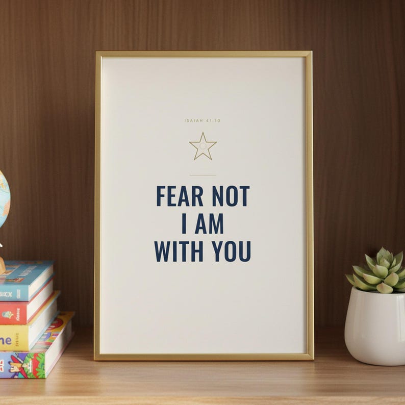 Fear Not I Am With You Isaiah 41:10 Wall Art Christian Boys Room Print Scripture — front facing framed mockup on clean white wall with shadow. This elegant christian scripture wall art print features beautiful serif typography on warm cream background. Isaiah 41:10 bible verse digital download printable for home office bedroom living room gallery wall decor. Perfect christian gift idea from The...