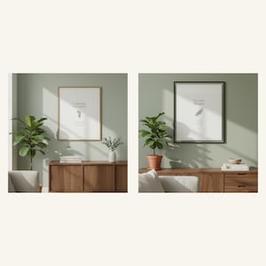 Consider the Lilies and Do Not Worry Matthew 6 Set of 2 sage green botanical scripture wall art prints displayed side by side in cream-walled living room, gallery wall pairing, floral scripture minimalist style, instant digital download from TheFramedVerse on Etsy, baptism gift or housewarming gift idea