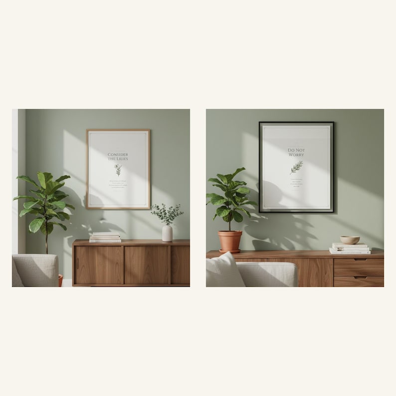 Consider the Lilies and Do Not Worry Matthew 6 Set of 2 sage green botanical scripture wall art prints displayed side by side in cream-walled living room, gallery wall pairing, floral scripture minimalist style, instant digital download from TheFramedVerse on Etsy, baptism gift or housewarming gift idea