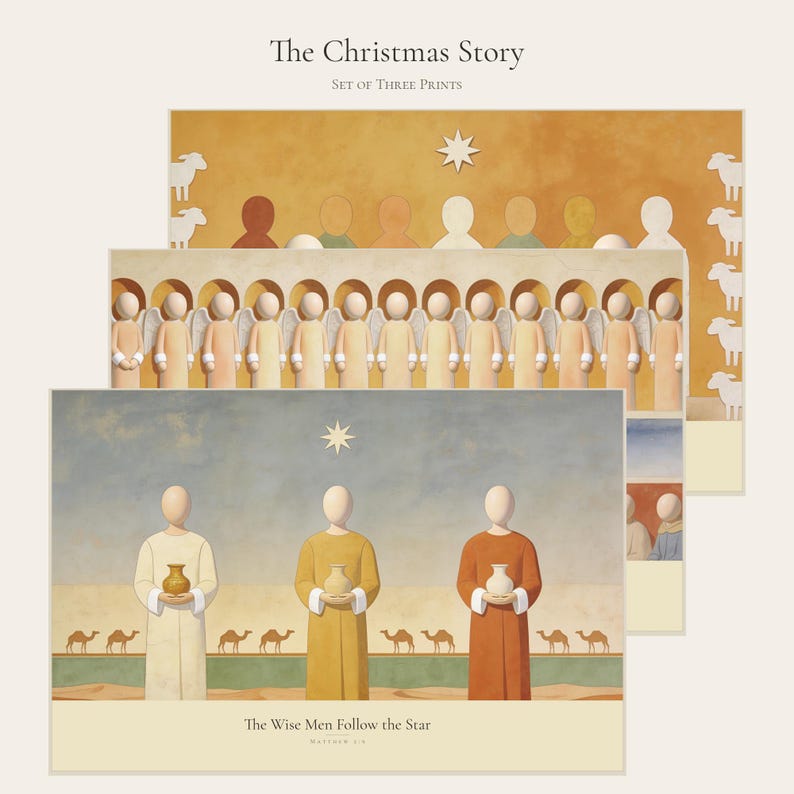 Christian wall art set of 3 showing the Christmas story as a stack of three prints: the nativity with the wrapped child in a manger, a row of angels above shepherds and sheep, and three travellers carrying vessels beneath the guiding star. All three are painted in the same flat fresco style in warm ochre, cream, sage and terracotta.