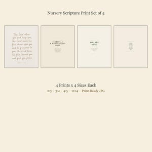 What you get overview for the Nursery Scripture Print Set of 4, showing four coordinated designs and the included file ratios. The purchase contains 4 ZIP files, one per design, with high-resolution JPEGs in 2:3, 3:4, 4:5, and 11:14 ratios for common nursery frames, gallery walls, baby rooms, and children's spaces.