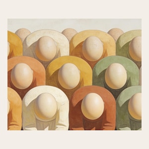 Close detail of Manna in the Wilderness, highlighting the bowed figures, pale manna shapes, soft paper grain, and ochre, sage, cream, and terracotta fields. The crop reveals softly modeled faceless forms, muted pigment transitions, fine cracks, and paperlike texture in the modern fresco illustration. This view focuses on the artwork surface rather than frame or room styling.