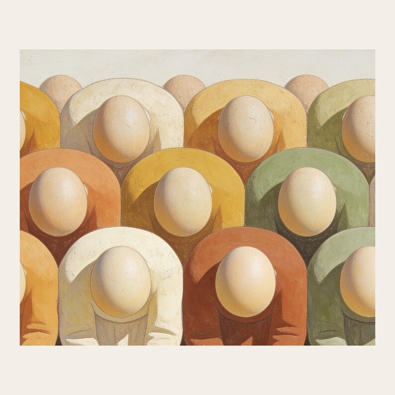 Close detail of Manna in the Wilderness, highlighting the bowed figures, pale manna shapes, soft paper grain, and ochre, sage, cream, and terracotta fields. The crop reveals softly modeled faceless forms, muted pigment transitions, fine cracks, and paperlike texture in the modern fresco illustration. This view focuses on the artwork surface rather than frame or room styling.