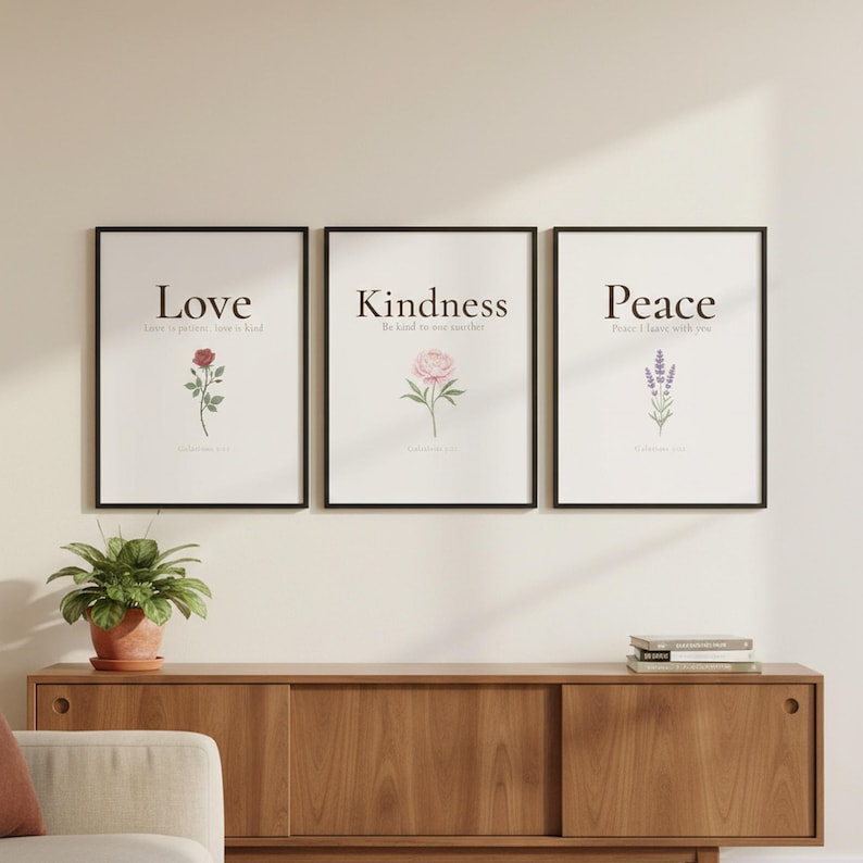 Fruit of the Spirit Set of 9 Bible Verse Wall Art displayed as Love Kindness Peace gallery wall in modern christian home with sideboard, Galatians 5:22-23 aesthetic christian botanical art prints minimalist floral scripture decor