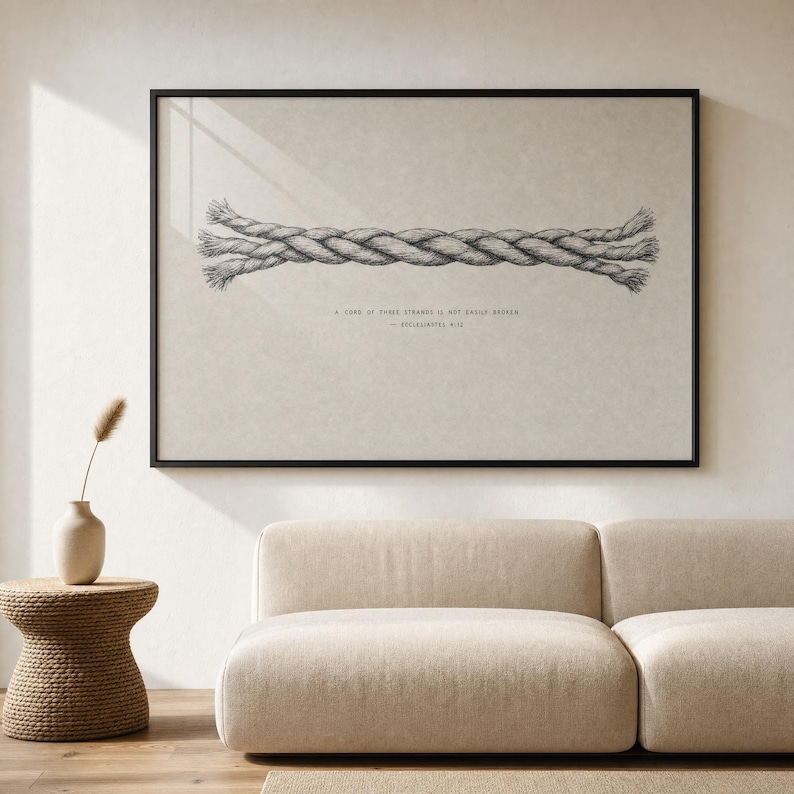 Hand-drawn pencil-and-ink Cord of Three Strands print framed in a slim black wood frame, hanging above a minimalist linen sofa in a warm cream living room. Christian wedding wall art featuring Ecclesiastes 4:12 'A cord of three strands is not easily broken'. Premium digital download for marriage, anniversary, or housewarming gifts.