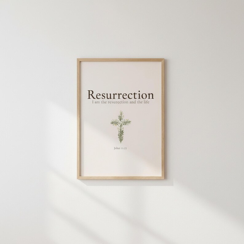 He is Risen Easter Wall Art, Floral Cross Scripture Print, — "He is not here; He has risen, just as He said", in beautiful floral cross composed of spring roses, greenery and wildflowers, photographed in beautiful close-up detail showing the premium glass frame reflection, the crisp typography and the intricate artistic details of the design