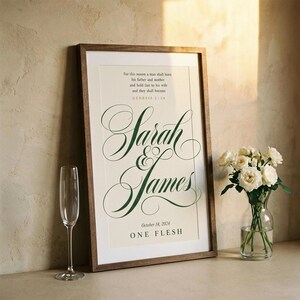 Straight front view of the complete artwork in a clean frame, making the typography and full composition easy to see. The One Flesh artwork features Genesis 2:24 with custom names and a wedding date in elegant forest green script on warm beige. This Genesis 2:24 personalized wedding gift suits an anniversary, bridal shower, newlywed bedroom, or meaningful Christian home display.