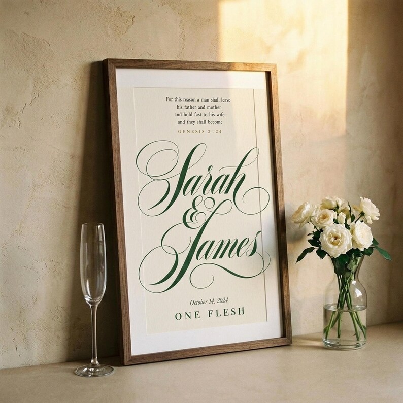 Straight front view of the complete artwork in a clean frame, making the typography and full composition easy to see. The One Flesh artwork features Genesis 2:24 with custom names and a wedding date in elegant forest green script on warm beige. This Genesis 2:24 personalized wedding gift suits an anniversary, bridal shower, newlywed bedroom, or meaningful Christian home display.