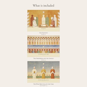 Overview of what is included in the Christmas story set of 3: The Nativity from Luke 2:7, The Shepherds and the Angels from Luke 2:13, and The Wise Men Follow the Star from Matthew 2:9. Each artwork is shown in full with its printed title and bible reference beneath the image.