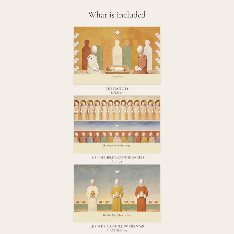 Overview of what is included in the Christmas story set of 3: The Nativity from Luke 2:7, The Shepherds and the Angels from Luke 2:13, and The Wise Men Follow the Star from Matthew 2:9. Each artwork is shown in full with its printed title and bible reference beneath the image.