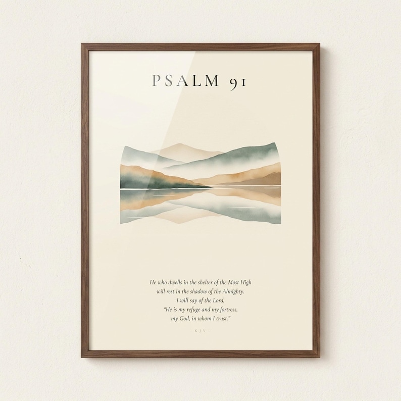 Custom Bible verse wall art print displayed in solid walnut hardwood frame, frontal studio shot on cream textured backdrop with soft top-left key light creating subtle glass reflection, premium e-commerce hero photograph for personalized Christian wedding anniversary gift, instant digital download by TheFramedVerse