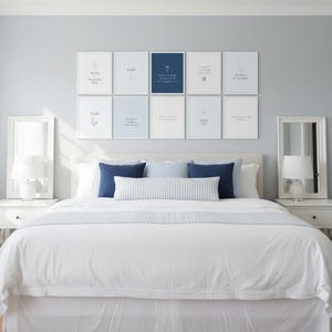 Blue Coquette Christian Wall Art Set of 9 Bible Verse Scripture Print Navy Flora — shelf mockup leaning on wood shelf with decorative items. This coquette bow, botanical, navy blue christian scripture wall art print features beautiful serif typography on warm cream background. digital download printable for home office bedroom living room gallery wall decor. Perfect christian gift idea from The...
